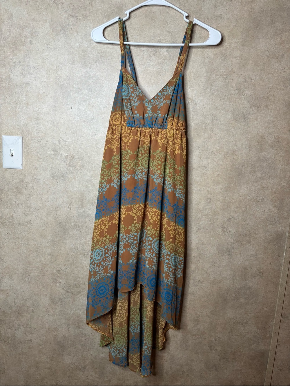 Decree Brown Multi-Color V-Neck High-Low Maxi Dress